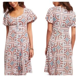 Maeve Anthropologie Midi Dress Button Front Short Sleeve Tile Print  SZ 6